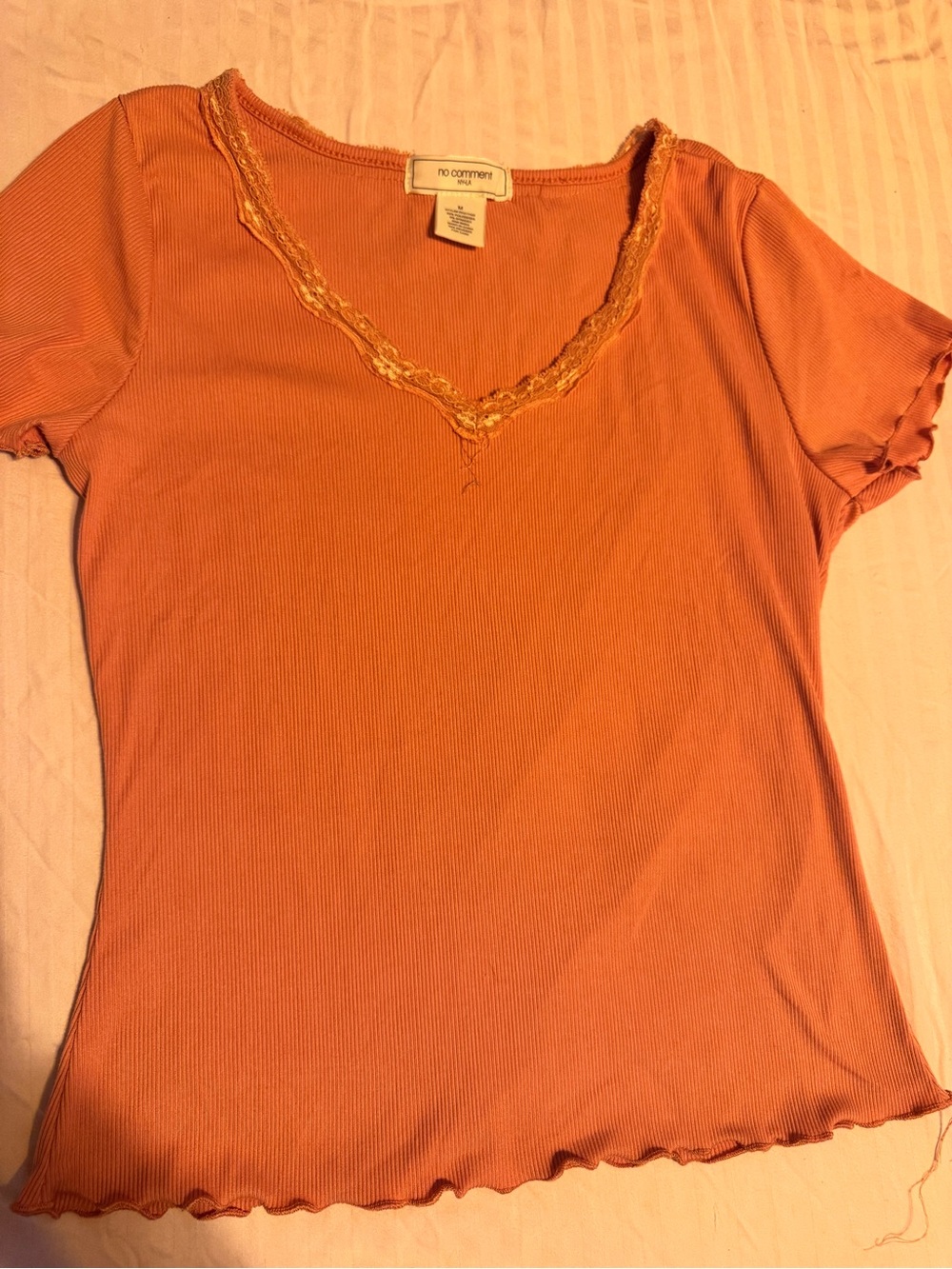 No Comment Orange Ribbed V-Neck Tee with Lace Trim